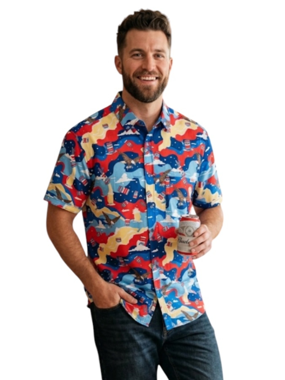 Budweiser American Eagle Graphic Short Sleeve Button Down Shirt Patriotic M
T